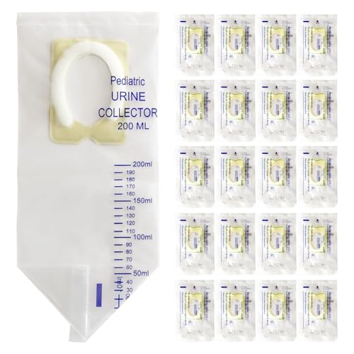 DWCHECK 20 Pcs Pediatric Urine Bag Collectors,200ml Infant Disposable Urine Bags Clear Adhesive Surface Spill Proof Baby Pee Bag for Travel,Pediatric Urine Collection Bags