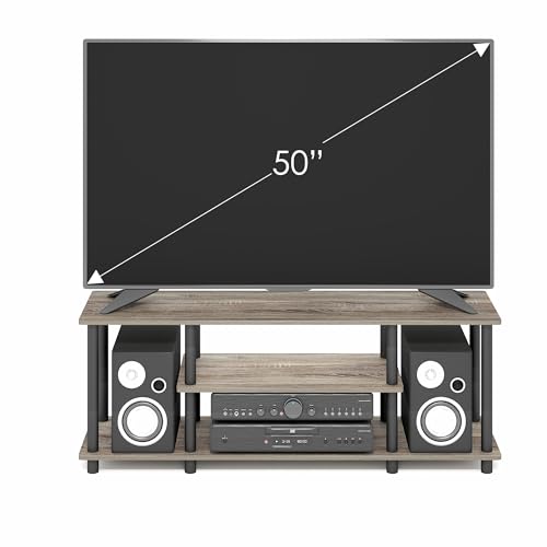 Image of Furinno Turn-N-Tube No Tools 3D 3-Tier Entertainment TV Stand up to 50 inch TV, Round Tubes, French Oak Grey /Black | for TV up to 50 Inch, Open Frame Rectangular Entertainment Center with Storage Shelf, TV Console, for Living Room, Bedroom