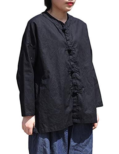 NFYM Chemisier à manches longues en coton et lin pour femme, noir, Taille Unique Cover