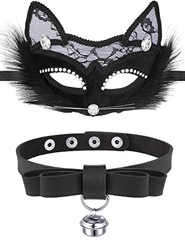 Halloween Black Cat Cosplay Supplies 1 Black Cat Lace Masquerade Mask and 1 Black Leather Choker Necklace for Women Girls Kids Cosplay Party Fancy Dress Halloween Party Favors