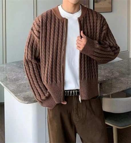 Men's Twist Crochet Knit Cardigan Sweater Fall Winter Casual Zip Up Front Crew Neck Slim Fit Outerwear2