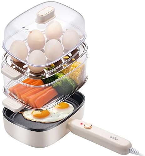 Bear Egg Cooker, Hard Boiled Egg Cooker with 12 Egg Capacity, Stainless Steel Egg Maker, 500W Rapid Egg Cooker for Hard Boiled, Poached, Scrambled Eggs, Omelets, Steamed Vegetables, Dumplings