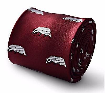 Frederick Thomas Men's Maroon Tie With Badger Design And Signature Floral Detail At Rear, Classic 8Cm Width, Luxury Fabric Necktie Perfect For Office Wear, Weddings, Formal Events And Dinner Parties