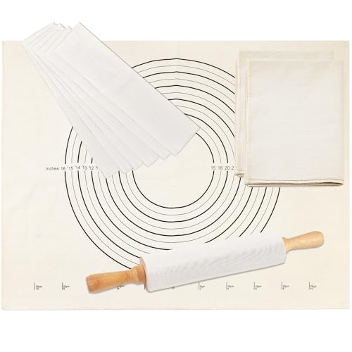9PCS Pastry Cloth and Rolling Pin Cover Set, 3PCS 25\" X 20\" Heavy Cotton Canvas Cloth Pastry Mats, 6PCS 13\" X 2.7\" Flexible Rolling Pin Covers Sleeves for Rolling Dough Pie Baking Bread Supplies