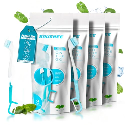 Brushee - The Evolution of Oral Care | 4-in-1 Tool (Paste + Brush + Floss + Pick) | Individually Wrapped | Disposable | Prepasted Travel Toothbrushes | Small Adult Toothbrush - (12-Pack)