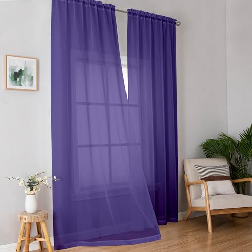 Image of OWENIE Purple Sheer Curtains, Sheer Curtains 84 inch Length 2 Panels Set, Rod Pocket Voile Fimly Sheer Drapes for Living Room /Bedroom, 2pcs, Each 42 inch W x 84 inch L