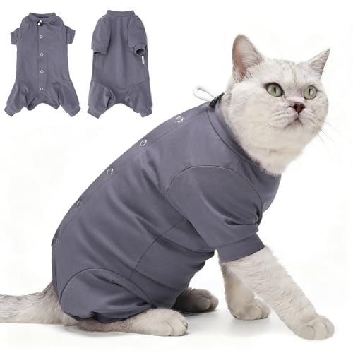 Dotoner Cat Recovery Suit After Surgery Spay Recovery Suit for Female Cats Soft Protective Clothing E-Collar Alternative for Wound Care Post Surgery Apparel(Grey-M)
