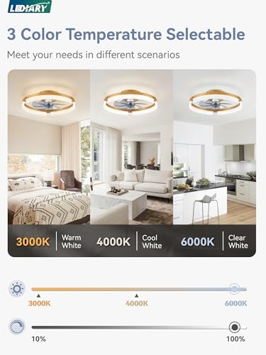 Image of LEDIARY 19.7 Inch Low Profile Ceiling Fans with Lights and Remote, 6 Speeds, 3 CCT, Reversible, Dimmable Flush Mount Fan Light, Modern Ceiling Fan with Light for Bedroom, Gold