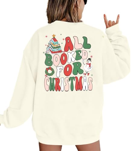 Christmas Sweatshirt Women All Booked For Christmas Pullover Christmas Reading Shirt Book Tree Hoodie Teacher Tops Apricot
