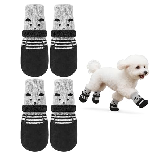 Calcetines para Perros Antideslizantes, Pack de 4, Talla L para 8 a 10,5 kg, Tejido Elástico Suave con Suela Engrosada, Protege Patas y Mejora Tracción en Parqué y Baldosas, Gris y Negro