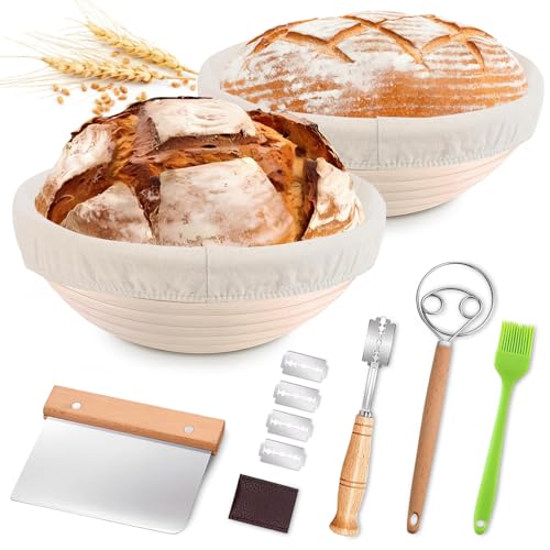 ROLOXYE Banneton Bread Proofing Basket Set - 9 Inch Round Sourdough Baking Kit with 2 Baskets, 2 Liners, Danish Whisk, Dough Scraper, Bread Lame (5 Blades + Guard), Basting Brush - Artisan Bread Tools
