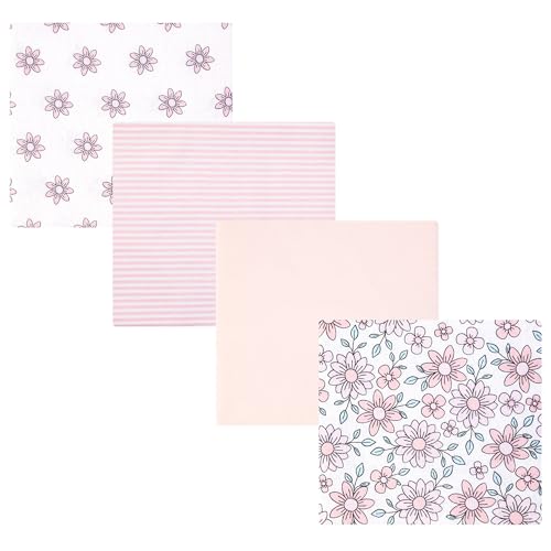 Image of Hudson Baby Infant Girls Cotton Flannel Receiving Blankets 4-Pack, Pink Mint Floral, One Size