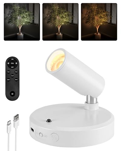EZVALO Spot Lights Indoor,5500mAh Rechargeable Plants Spotlights with Remote,Wireless Mini Art Accent Spot Lights with Timer＆Dimmable, 3CCT, Uplights Indoor for Plants,Display,Artwork(1Pack-White)