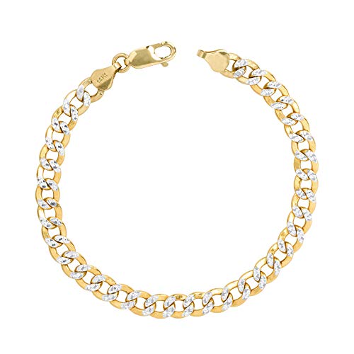 Nuragold 14k Yellow Gold 7mm Cuban Chain Curb Link Diamond Cut Pave Two Tone Bracelet, Mens Womens Lobster Clasp 7
