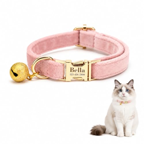 Custom Cat Collar with Bells Personalized Small Cat Collar Engraved Name & Phone Number with Secure Metal Quick-Release Buckle Adjustable (Light Pink)