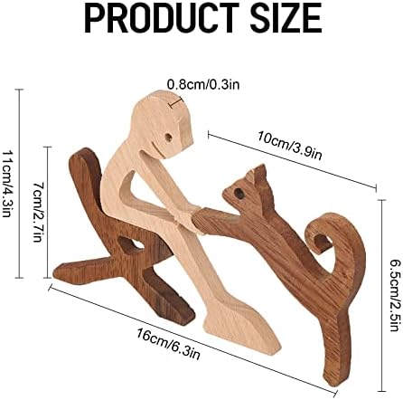 Gukasxi Wooden Dog Cat Family Statue, Man and Dog Wood Sculpture Gift, Cute Puppy Handmade Craft Home Decor, for Home, Office, Living Room (Wooden-cat)