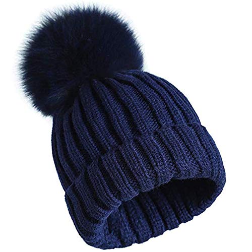 feifanshop Bonnet à pompon, en fourrure de renard, pour femme, tricoté, d'hiver, Bleu marine, taille unique Cover