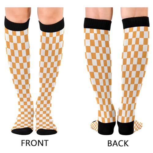 Pigsaly Orange White Squares Plaid Women's Compression Socks Checkered Lattice Athletic Tube Sock Unisex Casual Knee High Socks Outdoor Sport Socks For Running Hiking Travel2