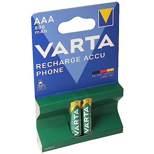 VARTA Batterien AAA, wiederaufladbar, 2 Stück, Recharge Accu Phone, Power on Demand, 800 mAh Ni-MH Akku, vorgeladen, für schnurloses Telefon 3