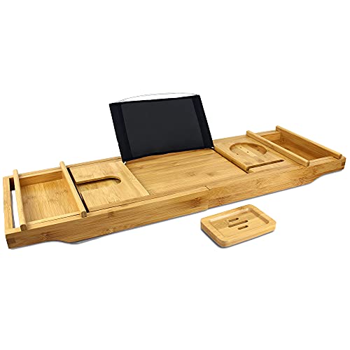 Pont de baignoire extensible bambou noir Todeco plateau de bain luxe avec supports pour livre et verre