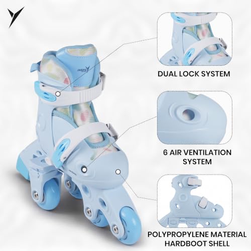 Image of Jaspo Novice 2-in-1 Kids Roller Skates Combo- Inline to Quad Convertible | Adjustable Size | PU Wheels | Fiber Body | Lightweight & Comfortable Skating Combo (Blue, Extra Small)