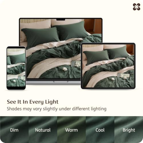 Image of Bedsure 100% Washed Cotton Duvet Cover King Size - Forest Green Minimalist Bedding Set Linen Like - PureWoven Plain Simple & Soft Comforter Cover for All Seasons (Forest Green, King, 104 inchx90 inch)