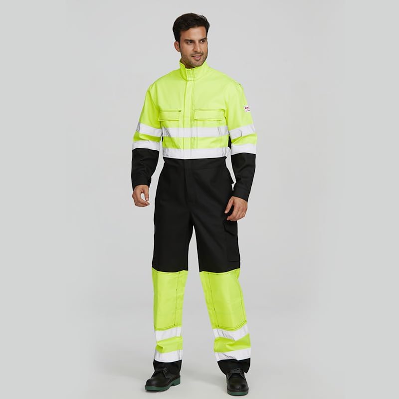 Men's High-Visibility Safety Coveralls with Yellow and Black Reflective Stripes, Fire-Retardant