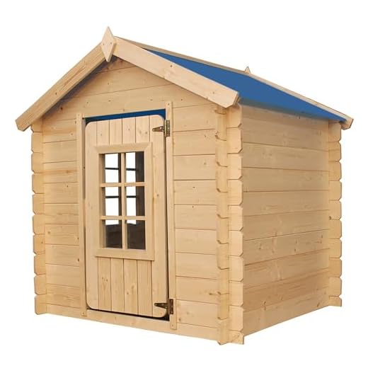 Timbela M570M-1 Kinderspielhaus aus Holz -Spielhaus im Freien für Kinder - 111x113xH121 cm/0.9 m2 Gartenspielhaus - Garten-Sommerhaus für Kinder (Die Dachfarbe ist blau)
