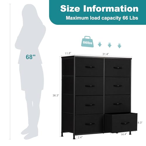 Image of OLIXIS 8 Drawer Dresser for Bedroom, Wide Fabric Storage Tower with Wooden Top and Metal Frame, Closet Chest Organizer Furniture, Living Room Hallway, Black