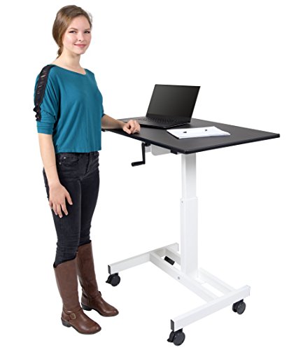 Stand Up Desk Store Crank Adjustable Height Single Column Rolling Mobile Standing Desk (White Frame/Black Top, 40" Wide) #TOP3