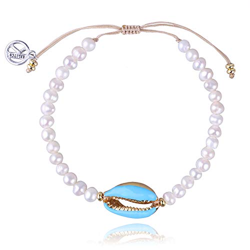 Kelitch Women Pearl Link Bracelets Friendship Shell Charm Bracelet Handmade Beach Bracelets - Light Blue #TOP5
