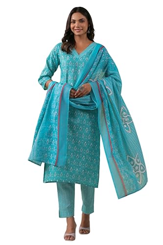 Image of Sky Blue Printed Kurti Set with Duppata