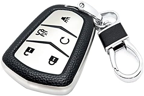 CTRINEWS for Cadillac Key Fob Cover with Leather Keychain, Advanced Soft TPU Surface Leather Grain Key Fob Case for 2015-2019 Cadillac Escalade CTS SRX XT5 ATS STS CT6(Silver)