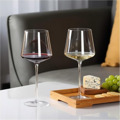 Image of Femora Red & White Wine Glass Set of 2, 450 ml Crystal Clear Long Stem Wine Glasses, Large Bowl Flat Base Glassware for Dining, Parties & Home Bar