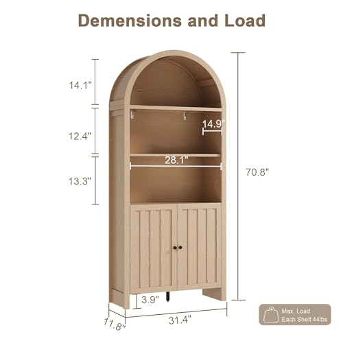 ChooChoo Arched Bookcase with Doors, 3-Tier Farmhouse Bookcase with Adjustable Shelf, Tall Arched Bookshelf for Office, Living Room, Natural