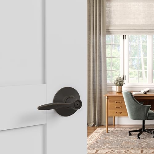 Image of Schlage Delfayo Bed /Bath Privacy Door Handle with Lock, Aged Bronze | Interior bedroom or bathroom door lever with push button lock, Reversible, Easy install, Certified durability, Universal fit