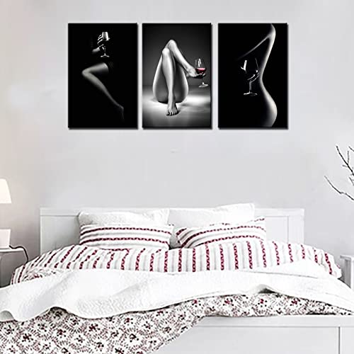 Tucocoo Wall Pictures For Bedroom Fashion Women Black White Paintings 3 Panel Canvas Sexy Girl And Wine Glass Wall Art Contemporary Artwork Home Decor For Living Room Framed Ready To Hang(60X28Inch) #TOP4