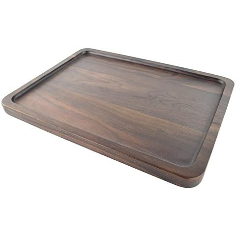 Solid Wood Serving Tray Rectangular Black Walnut Wooden Food Platters with Grippers for Coffee Wine Cocktail Fruit Meal - Large Size 39 x 29 x 2.4 cm Cover