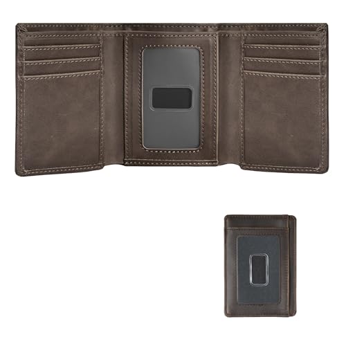 Trifold Wallet for Men, Leather Wallets with 8 Card Slot and 2 Money Pocket and 1 Clear Photo Slot + 1 Minimalist Leather Card Pocket with 6 Card Slot and 1 Transparent Windows Slot - Coffee