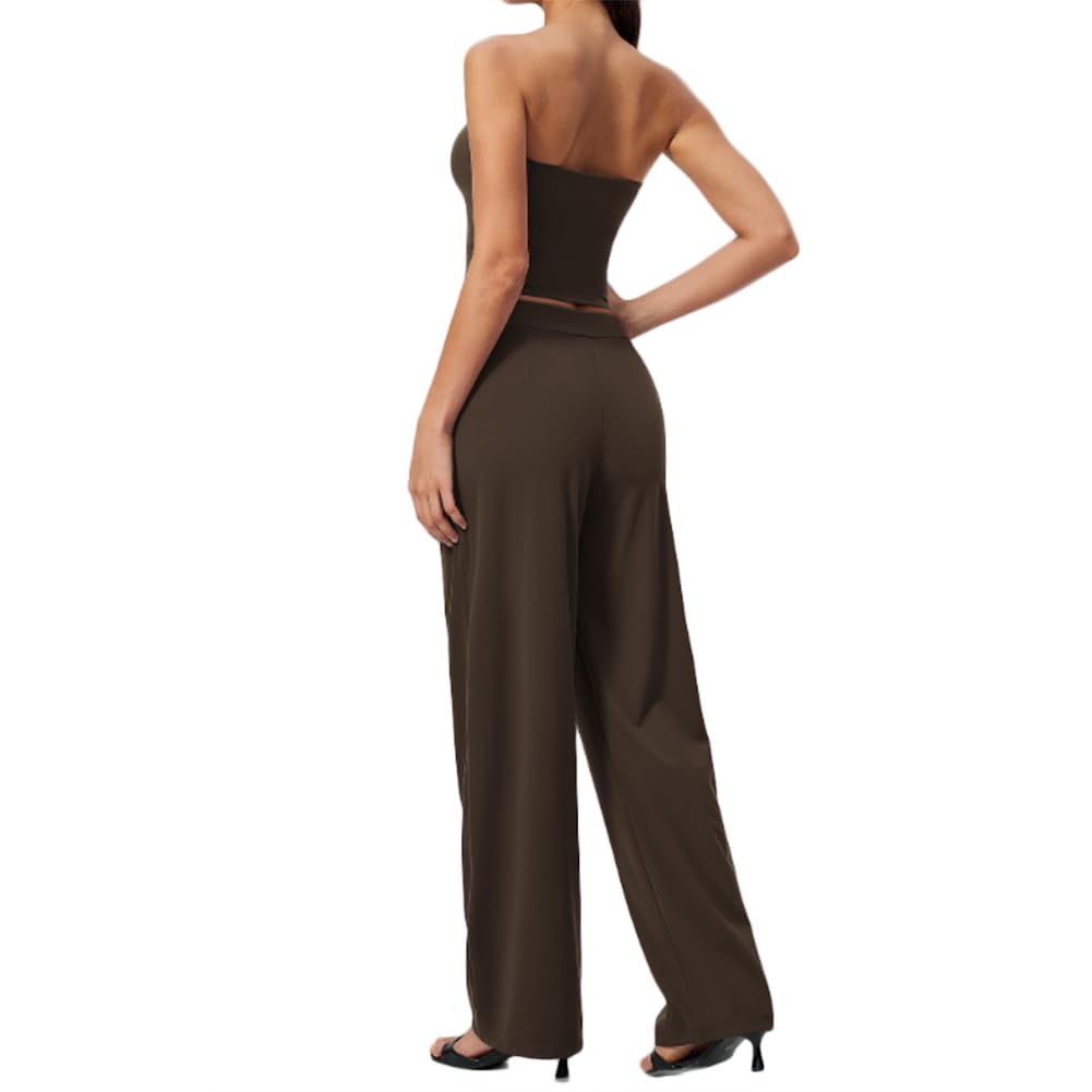 Top bande corto liso sin tirantes + Pantalón ancho plisado de cintura alta