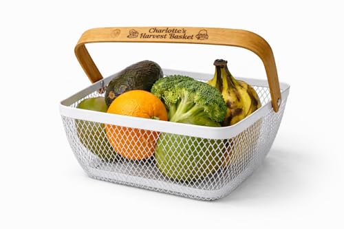 Personalized White Garden Harvest Basket with Engraved Bamboo Handle – Lightweight Metal Mesh Vegetable Basket for Garden, Farm, Fruits, Vegetables Gift for Gardeners