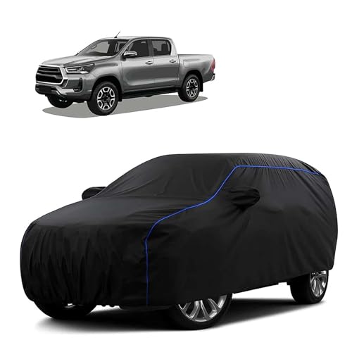 Image of Sulfar 100% Water Resistant Car Body Cover Compatible with Mirror for Toyota Hilux (Triple Stitched, Full Bottom Elastic, Black Tafetta with Blue Piping)