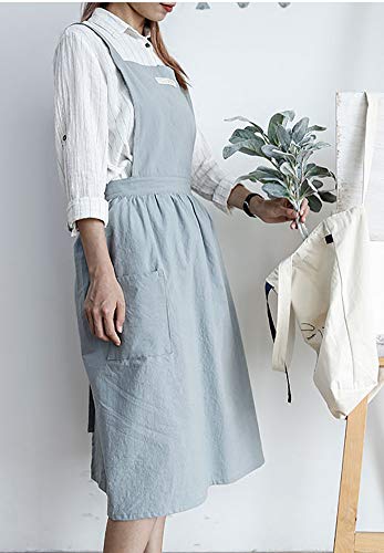 Losofar Women Girls Vintage Apron Adjustable Gardening Works Cross Back Cotton/Linen Blend Aprons Pinafore Dress With Two Pockets (Lightblue, 39"X 59") #TOP5