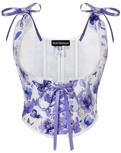 Image of Scarlet Darkness Women's Underbust Corset Top Renaissance Medieval Lace-up Boned Fairycore Pirate Corsets White Purple Floral Size 12