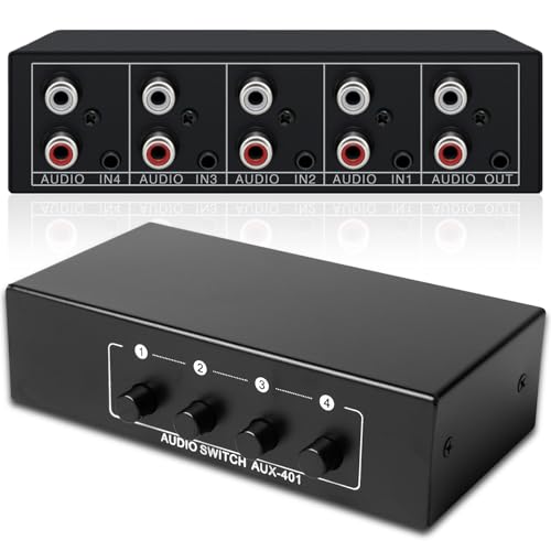 Conmutador de audio 4 en 1 salida, conmutador de audio bidireccional 3,5 mm AUX + RCA L/R, interruptor de audio, caja de selección de audio para auriculares, altavoces, fono, sistema de sonido