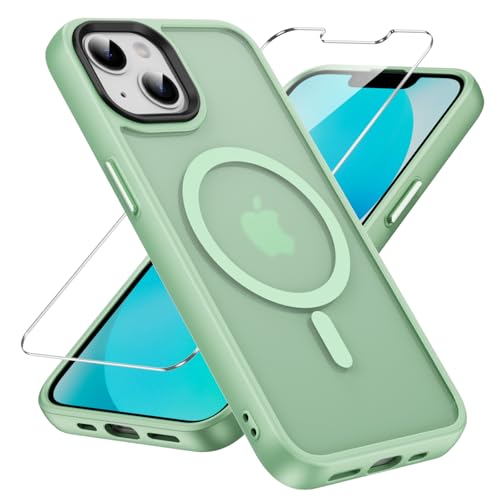 yuanming for iPhone 13 Case, Compatible with MagSafe [Screen Protector] Anti-Fingerprint, Translucent Matte Back Slim Protective Phone Case for iPhone 13 6.1", Matcha Green