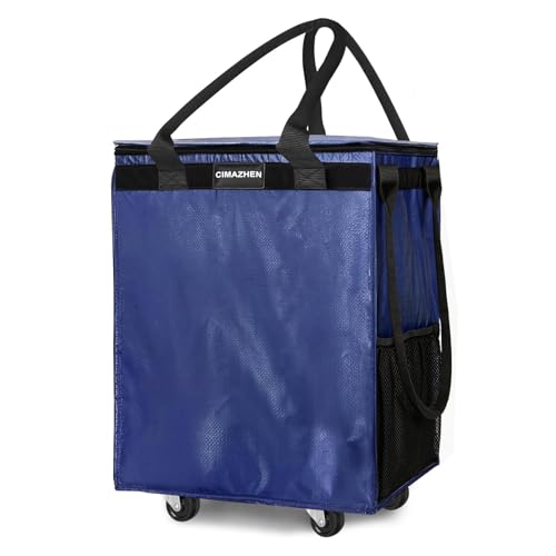 CIMAZHEN (Medium,Blue) Reusable Grocery Bag on 4 Wheels, Foldable Rolling Tote Bag with 3 Handles and Zipper, Storage Organizer for Groceries, Rolling Shopping Cart for Travel, 76lb