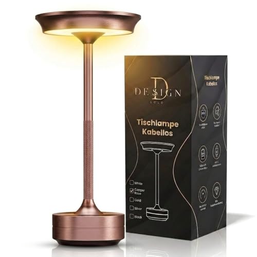 designgold LED Tischlampe Kabellos - Akku Tischleuchte Dimmbar mit USB-C, 3 Lichtfarben, IP54, Aluminium, Indoor & Outdoor (Kupfer)