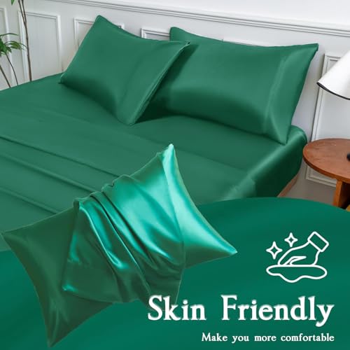 Image of Satin Pillow Covers Set of 2 with 3 Free Random Color Hair Scrunchies - Anti-Frizz, Skin-Friendly, Soft & Durable Pillowcase Set for All Hair Types (Dark Green)