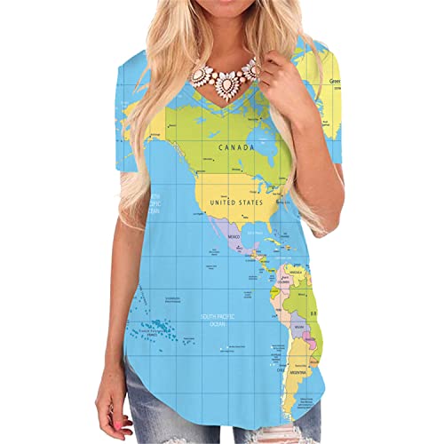 T-shirt col en V femme bleu KYKU imprimé carte du monde taille S